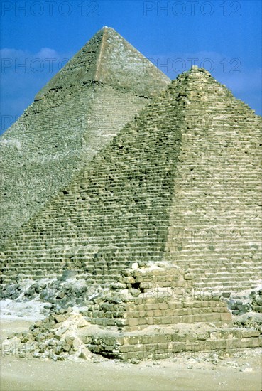 Pyramids of Khafre on left and of Mycerinus on right, Giza, Egypt, c26th century BC. Artist: Unknown