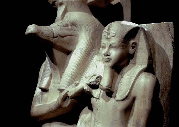 The crocodile-god Sobek with Pharaoh Amenhotep III, Sobek Temple, Dakamsha, Egypt, c1380 BC. Artist: Unknown