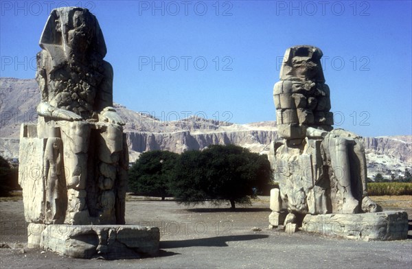 Frontal view of The Colossi of Memnon, Luxor West Bank, Egypt, c1400 BC. Artist: Unknown