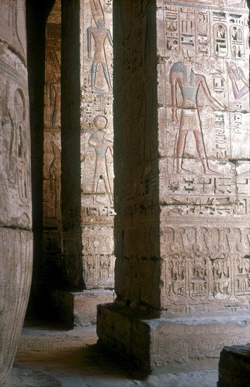 Egyptian gods engraved on pillars, Mortuary Temple, Medinat Habu, Egypt, c12th century BC. Artist: Unknown