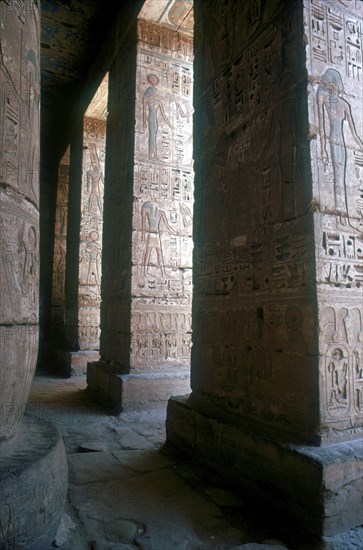 Egyptian gods engraved on pillars, Mortuary Temple, Medinat Habu, Egypt, c12th century BC. Artist: Unknown