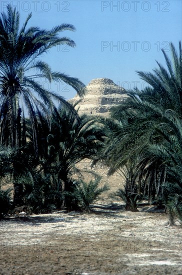 Step Pyramid (behind palms) of King Djoser (Zozer), Saqqara, Egypt, 3rd Dynasty, c2600 BC. Artist: Imhotep