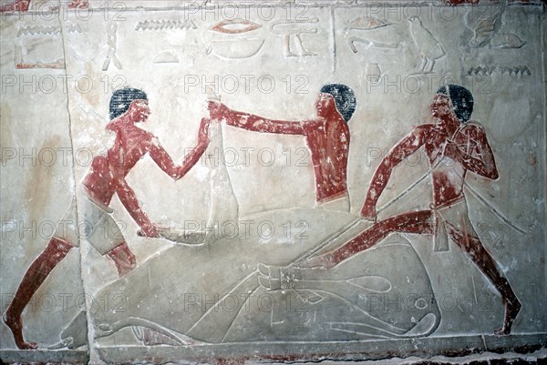 Wallpainting of 3 butchers cutting up a carcase, Tomb of Idut, 5th Dynasty, c2350 BC. Artist: Unknown