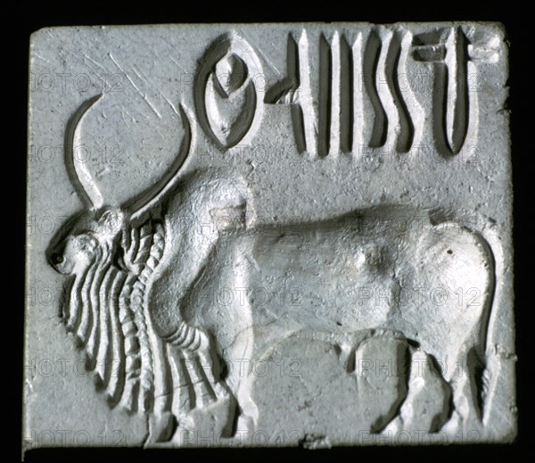 Steatite seal with humped bull, Indus Valley, Mohenjo-Daro, 2500 - 2000 BC. Artist: Unknown