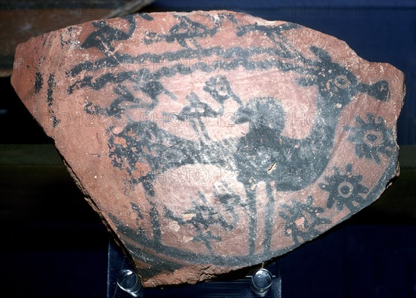 A sherd of pottery with humped bull and birds, Indus Valley, Harappa, c2600 BC. Artist: Unknown