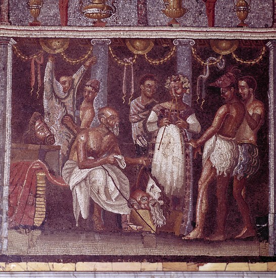 Roman mosaic of actors preparing for a play, Pompeii, Italy. Creator: Unknown.