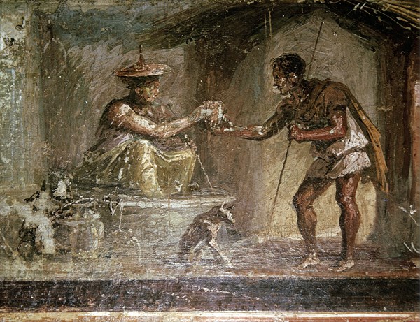 Roman wallpainting of a traveller and a water-seller, Pompeii, Italy. Creator: Unknown.
