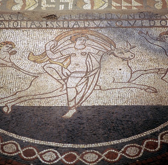 Detail of Floor mosaic showing Europa riding a bull, Lullingstone Roman Villa, Kent. Artist: Unknown