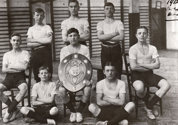 Boys gym team pose with trophy, York,  Yorkshire,1912. Artist: Unknown