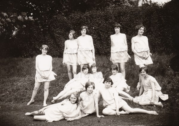Girls Greek dancing class pose on lawn, 1929. Artist: Unknown