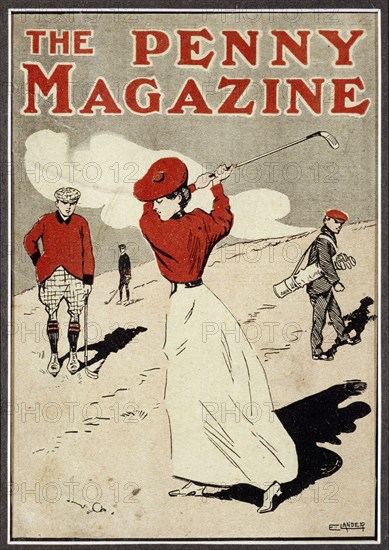 Lady golfer taking a swing on the cover of 'The Penny Magazine', c1900. Artist: Unknown