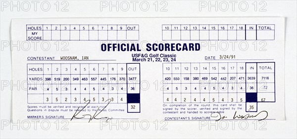 Scorecard signed by Ian Woosnam, USF and G Golf Classic, 1991.  Artist: Woosnam, Ian