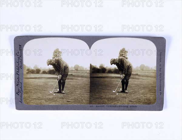 Stereoscopic card showing Harry Vardon pitching his ball over his opponent's, c1900. Artist: Unknown