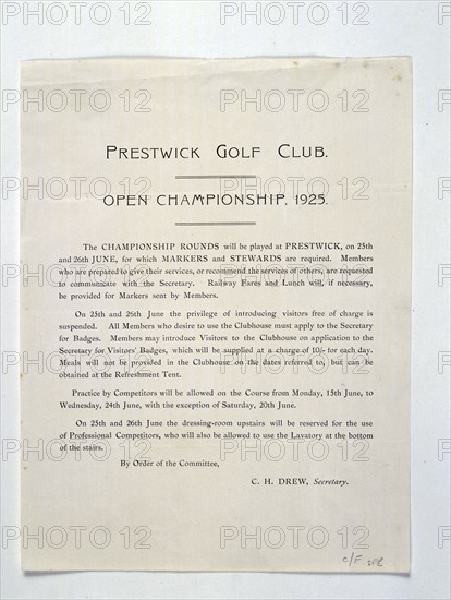 Members rules for Open Championship, Prestwick, 1925. Artist: Unknown