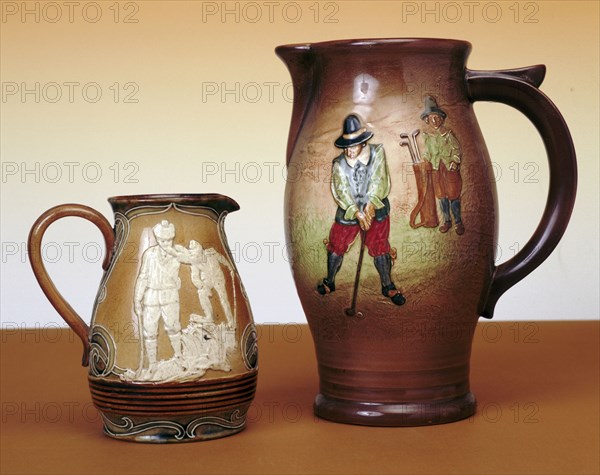 Royal Doulton pitchers with golfing theme, c1910. Artist: Unknown