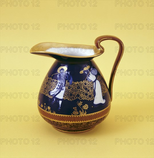 Blue and gold Royal Doulton jug with golfers in 17th century costume, c1910. Artist: Unknown