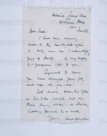 Handwritten letter by golfing author and cartoonist George Houghton, c1950s. Artist: George Houghton