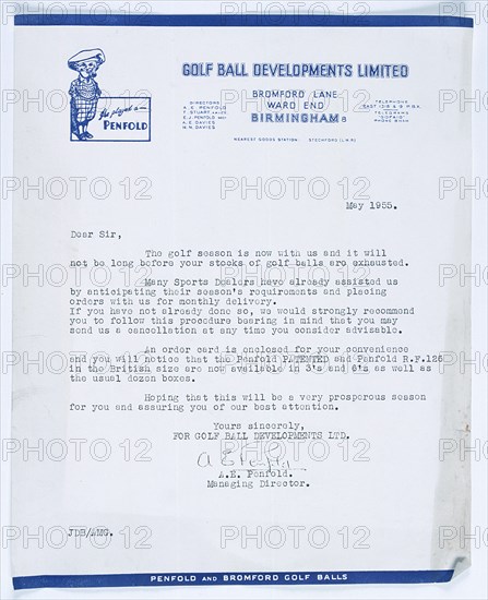 Signed letter from Managing Director, Penfold Golf Balls to stockists, British, 1955. Artist: Unknown