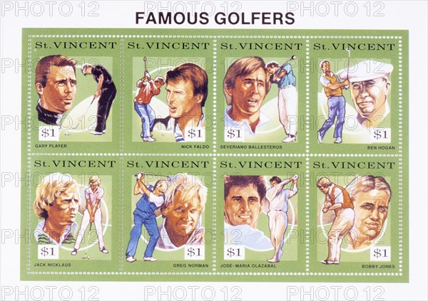 Postage stamps depicting famous golfers, St Vincent, 1992. Artist: Unknown