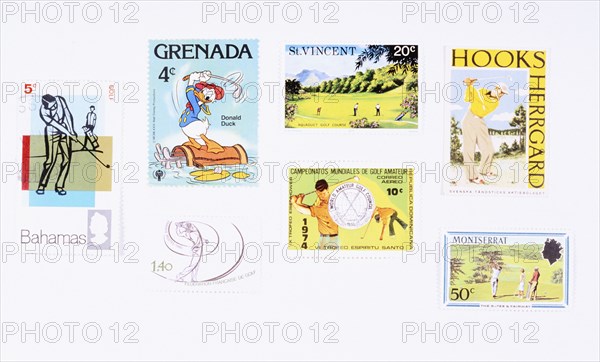 Stamps from various Caribbean islands, with golfing theme, 20th century. Artist: Unknown