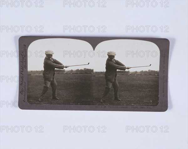 Stereoscopic card of JH Taylor playing a shot, c1920. Artist: Unknown