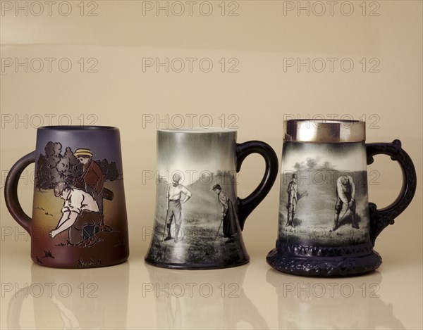 Beer mugs with a golfing theme, American, c1890-1906. Artist: Ceramic Art Company
