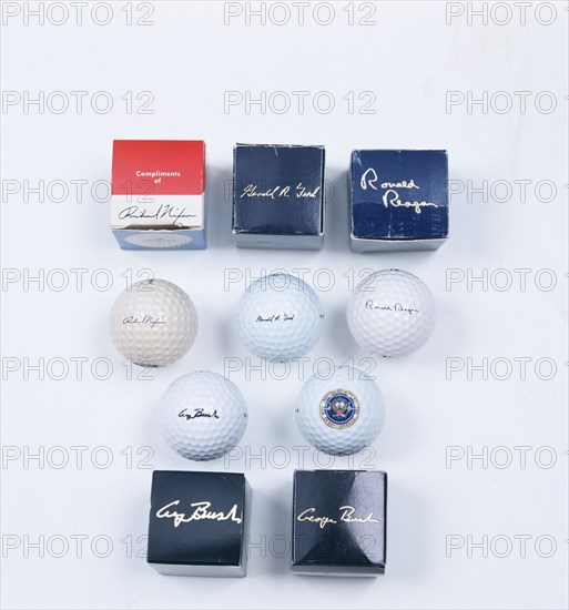 Presidential golf balls and boxes, 1970-92. Artist: Unknown