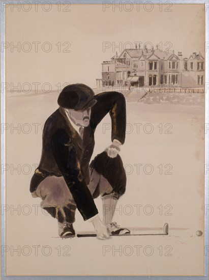 Print of golfer lining up putt, early 20th century. Artist: Unknown