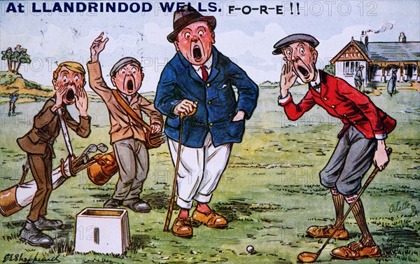 'At Llandrindod Wells F-O-R-E !!' Golfing cartoon, c1910s. Artist: Unknown