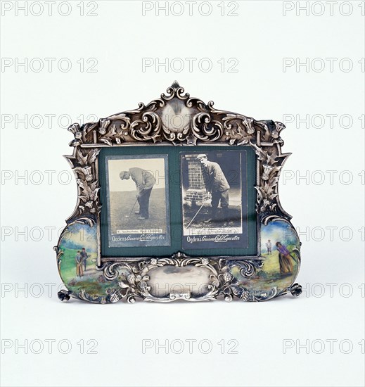 Silver picture frame with golfing photographs, USA, c1900.  Artist: Gorham Corporation