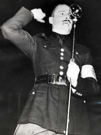 Sir Oswald Mosley addressing a Blackshirt meeting in the East End of London, 1936. Artist: Unknown