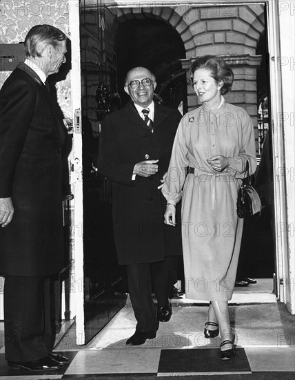 Margaret Thatcher (1925-), British Prime Minister with Menachem Begin, Israeli Prime Minister, 1987. Artist: Sidney Harris