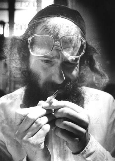 Finishing the Torah for the Belmont Synagogue, London, 1991. Artist: John Nathan