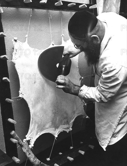Preparing the parchment for a Sefer Torah, c1970s? Artist: Sidney Harris