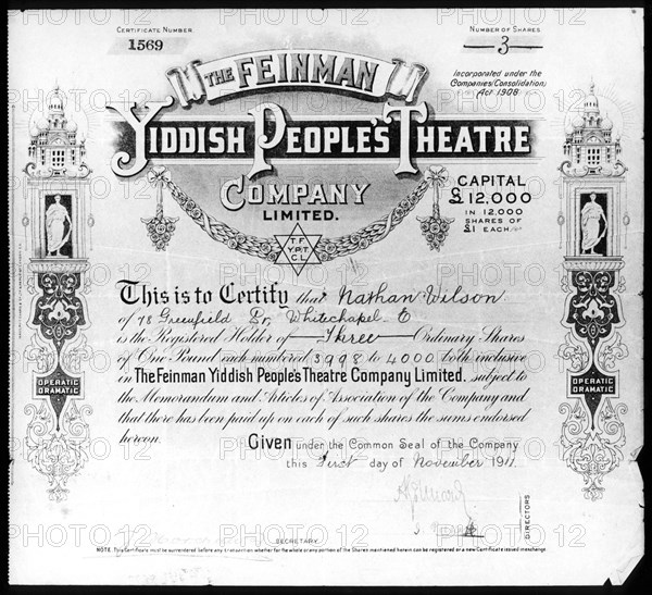 Yiddish People's Theatre share certificate, 1 November 1911. Artist: Unknown
