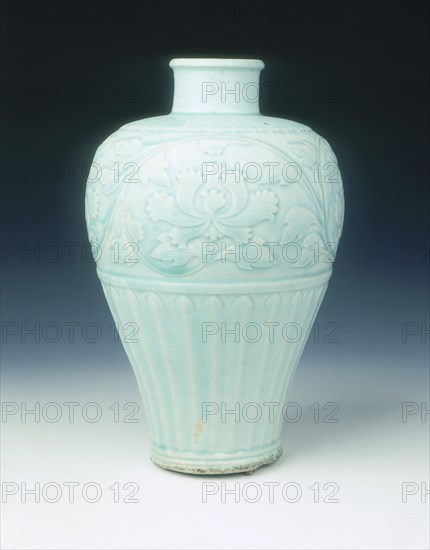 Qingbai meiping vase with carved peonies, Yuan dynasty, China, late 13th-early 14th century. Artist: Unknown