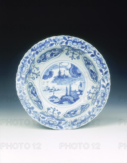 Kraak blue and white klapmuts bowl with pagoda and seascape, late Ming dynasty, China, c1610. Artist: Unknown