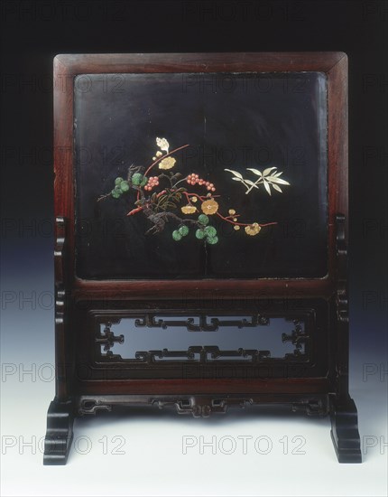 Lacquer plaque mounted as a screen, with various inlays, Qing dynasty, China, 1st half 18th century. Artist: Unknown