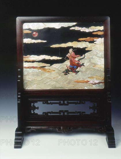 Lacquer plaque mounted as a screen, with various inlays, Qing dynasty, China, 1st half 18th century. Artist: Unknown