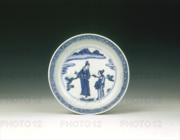 Blue and white saucer with figures in a landscape, China, 1572-1620. Artist: Unknown