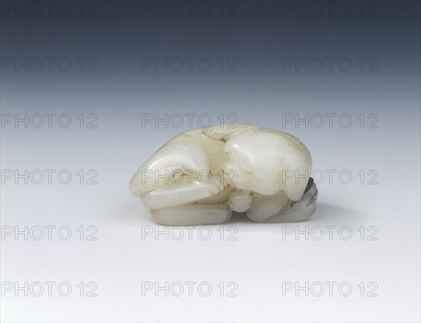 White jade lap dog with bell and ribbon, Southern Song dynasty, China, 1127-1279. Artist: Unknown