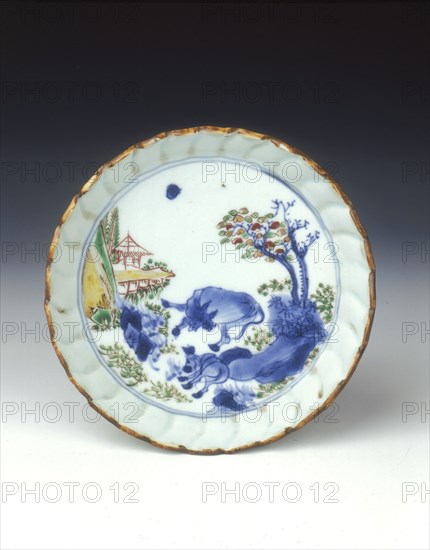 Polychrome saucer dish with cow and donkey, late Ming dynasty, Chongzhen period, China, 1630-1644. Artist: Unknown
