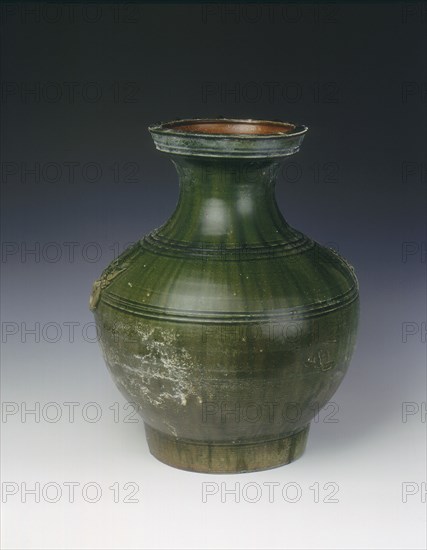 Han green lead glaze circular hu vase, Han dynasty, China, 202 BC-220 AD. Artist: Unknown