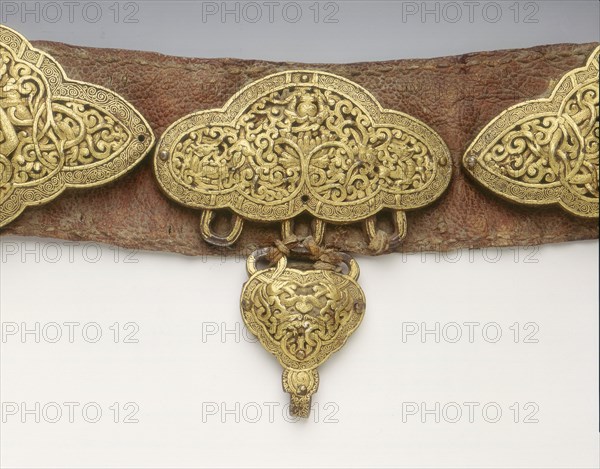 Tibetan nobleman's belt with damascened iron plaques, Tibet, 15th century. Artist: Unknown
