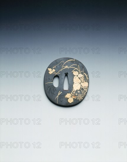 Tsuba (sword hilt) in shakudo with gold inlays of grasses and cricket, Japan, early 19th century. Artist: Unknown