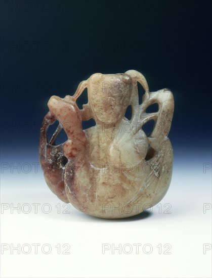Jade group of a boy holding a frond and riding a goose, Song or Yuan dynasty, China, 1200-1400. Artist: Unknown