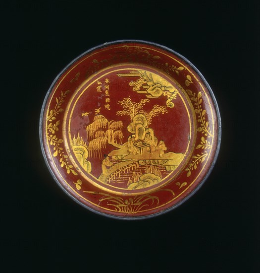Red lacquer saucer with landscape, Qing dynasty, China, 18th century. Artist: Unknown