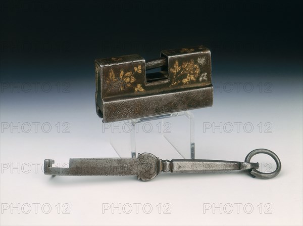 Iron lock and key with incised and gilded floral decoration, Tibet, 18th century or earlier. Artist: Unknown