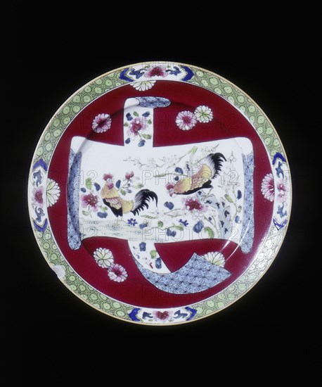 European copy of a Chinese famille rose plate with two cockerels in a scroll, early 20th century. Artist: Unknown