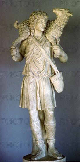 Statue of Jesus as the good shepherd, early Christian Catacombs, Rome, Italy. Artist: Unknown